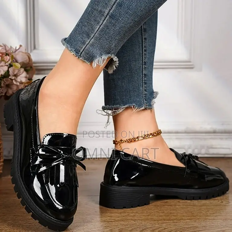 Premium Black Patent Leather Bow Loafers Deep Cherry Fringe