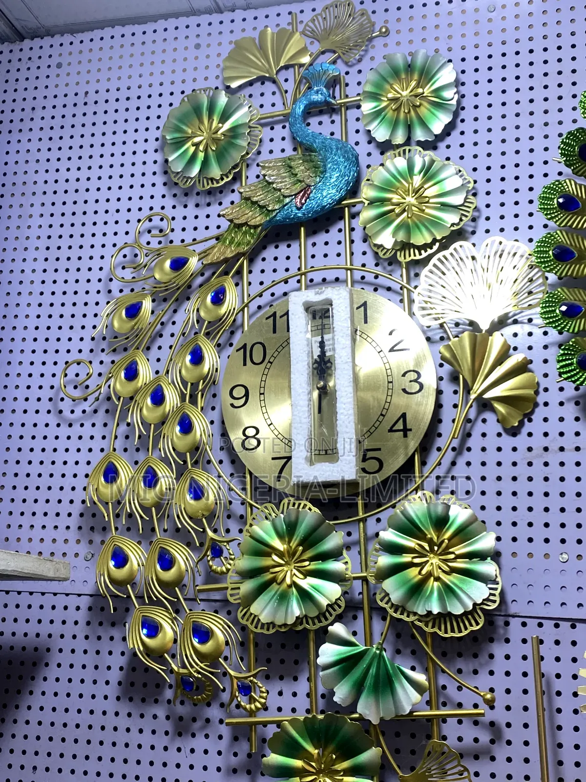 Large Wall Clock Peacock Iron Gold Multi Colour Feather Green Design