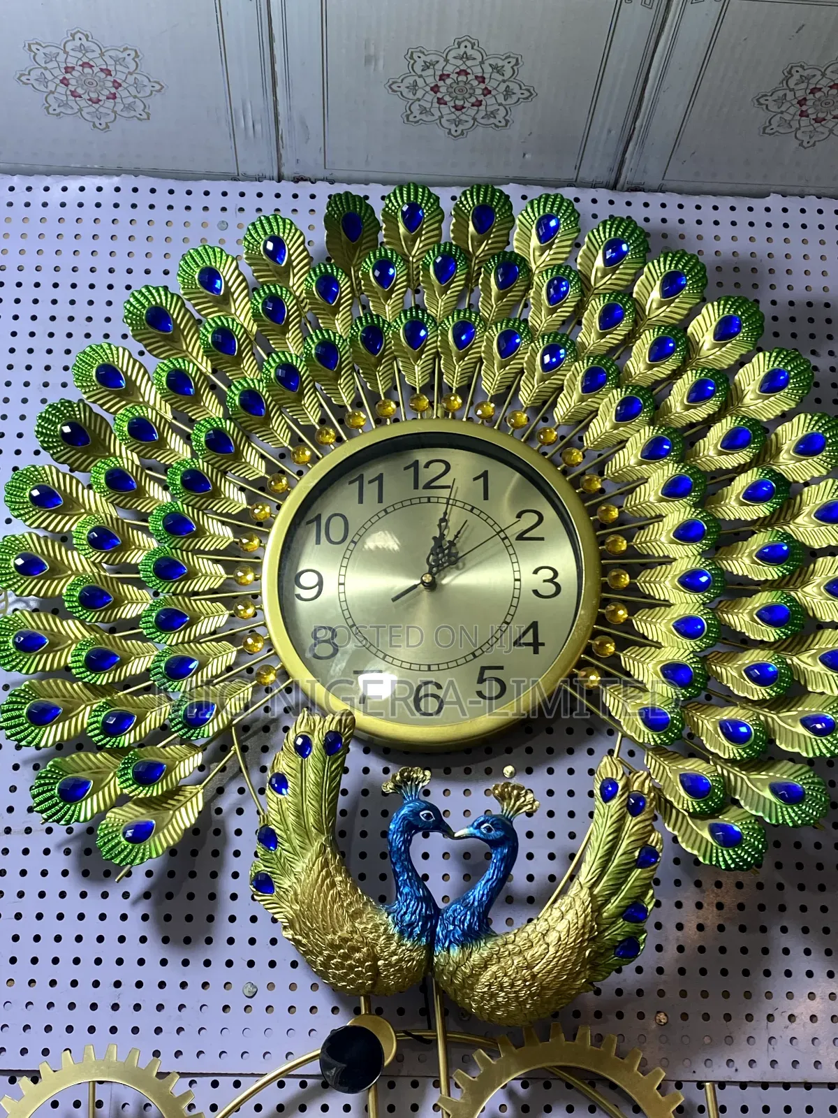 Large Wall Clock Peacock Iron Gold Multi Colour Feather Green Design