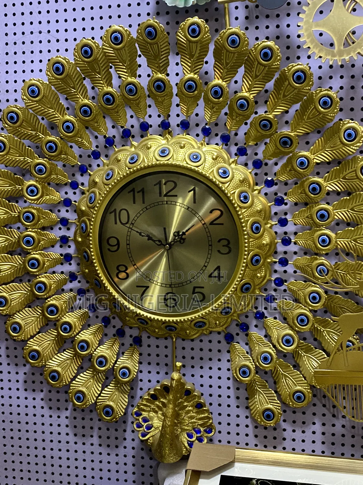 Large Wall Clock Peacock Iron Gold Multi Colour Feather Green Design