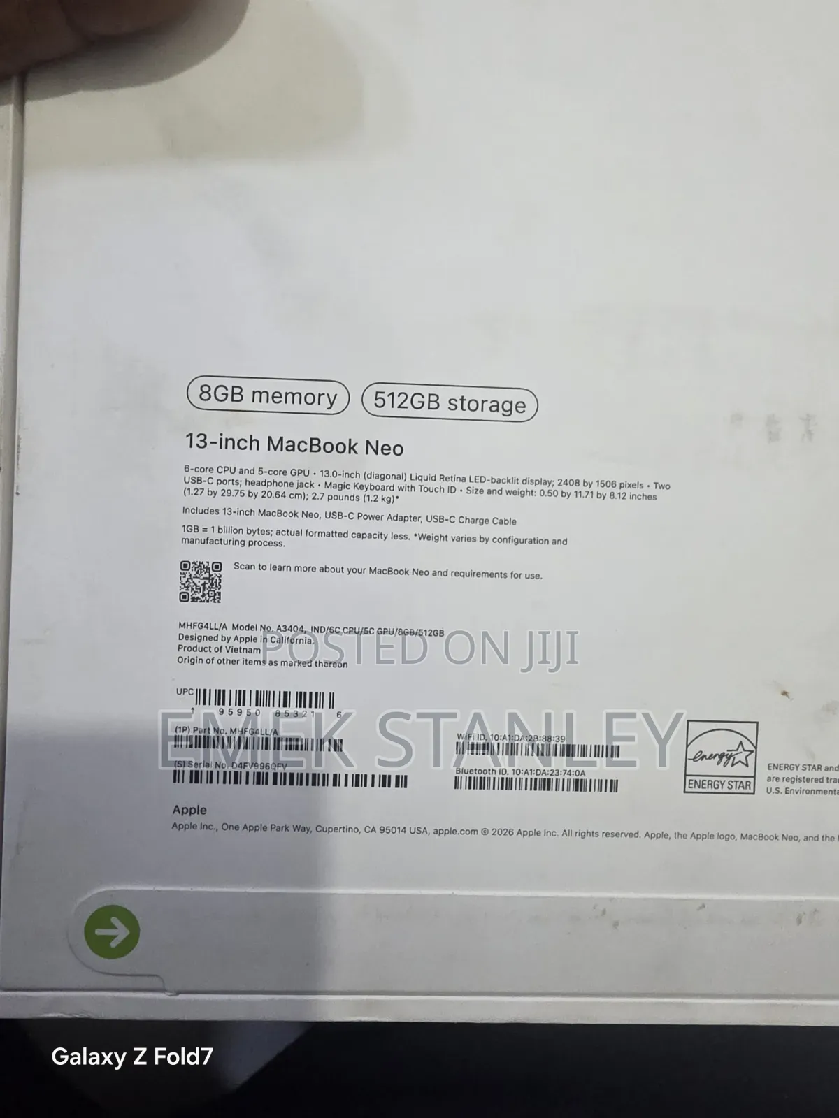 New Laptop Apple MacBook Neo 2026 8GB SSD 512GB