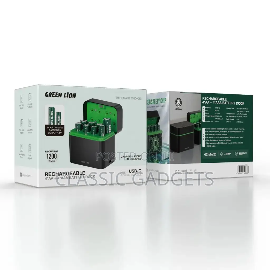 Green Lion Rechargeable 8*Aaa Battery Dock Usb-C - Black