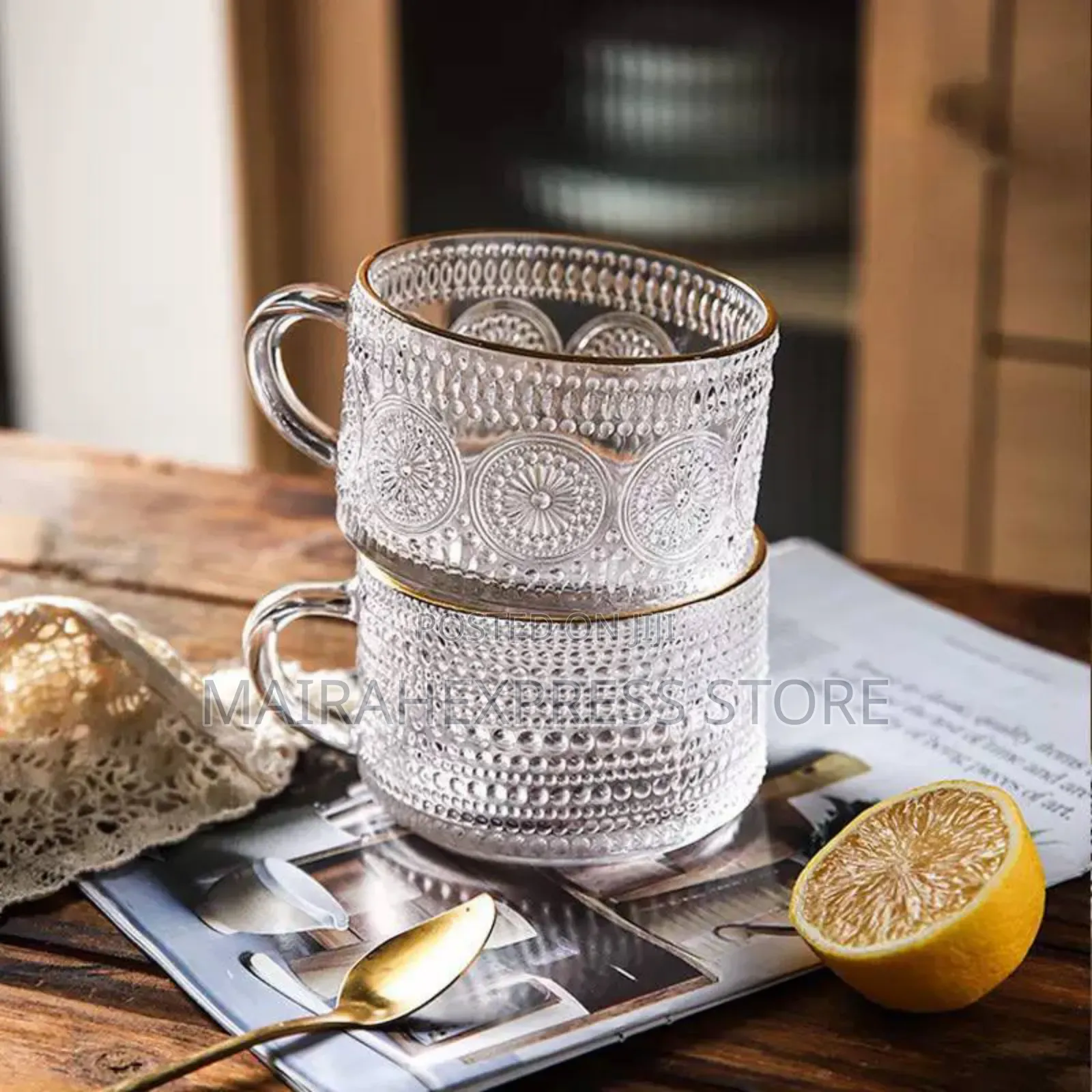 4pcs Embossed Flower Pattern Vintage Glass Coffee Mug (T2mm7)