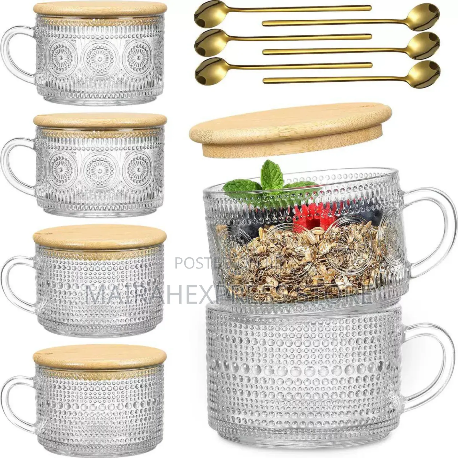 4pcs Embossed Flower Pattern Vintage Glass Coffee Mug (T2mm7)