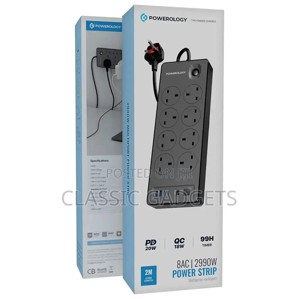 Powerology 8ac 2990w Power Strip Pd 20w With 2m Length Cable