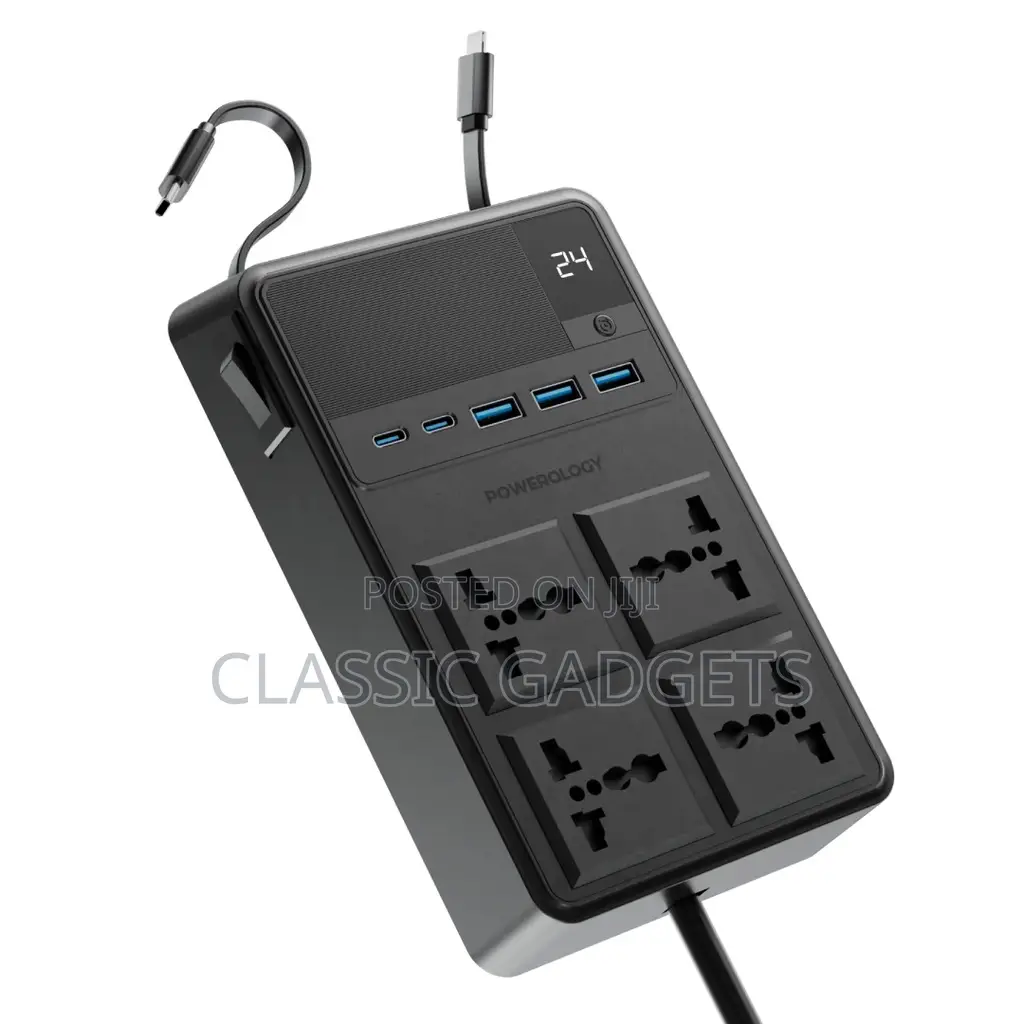 Powerology 2500w 4 Ac Power Strip With Built-in Retractable Cables