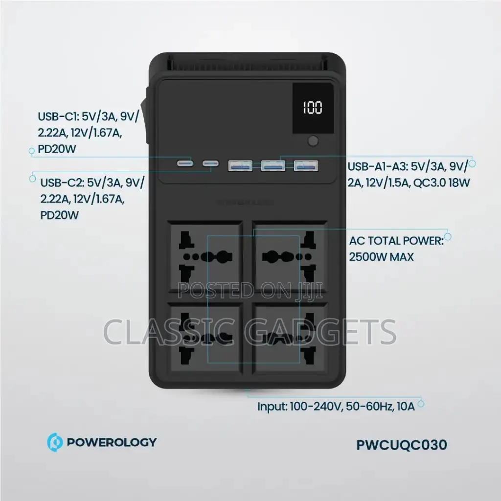 Powerology 2500w 4 Ac Power Strip With Built-in Retractable Cables