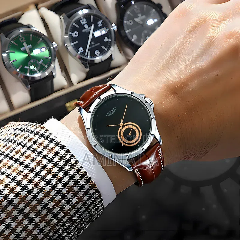 Brown Leather Strap Black Gold Face Unique Men’S Wrist Watch With Case