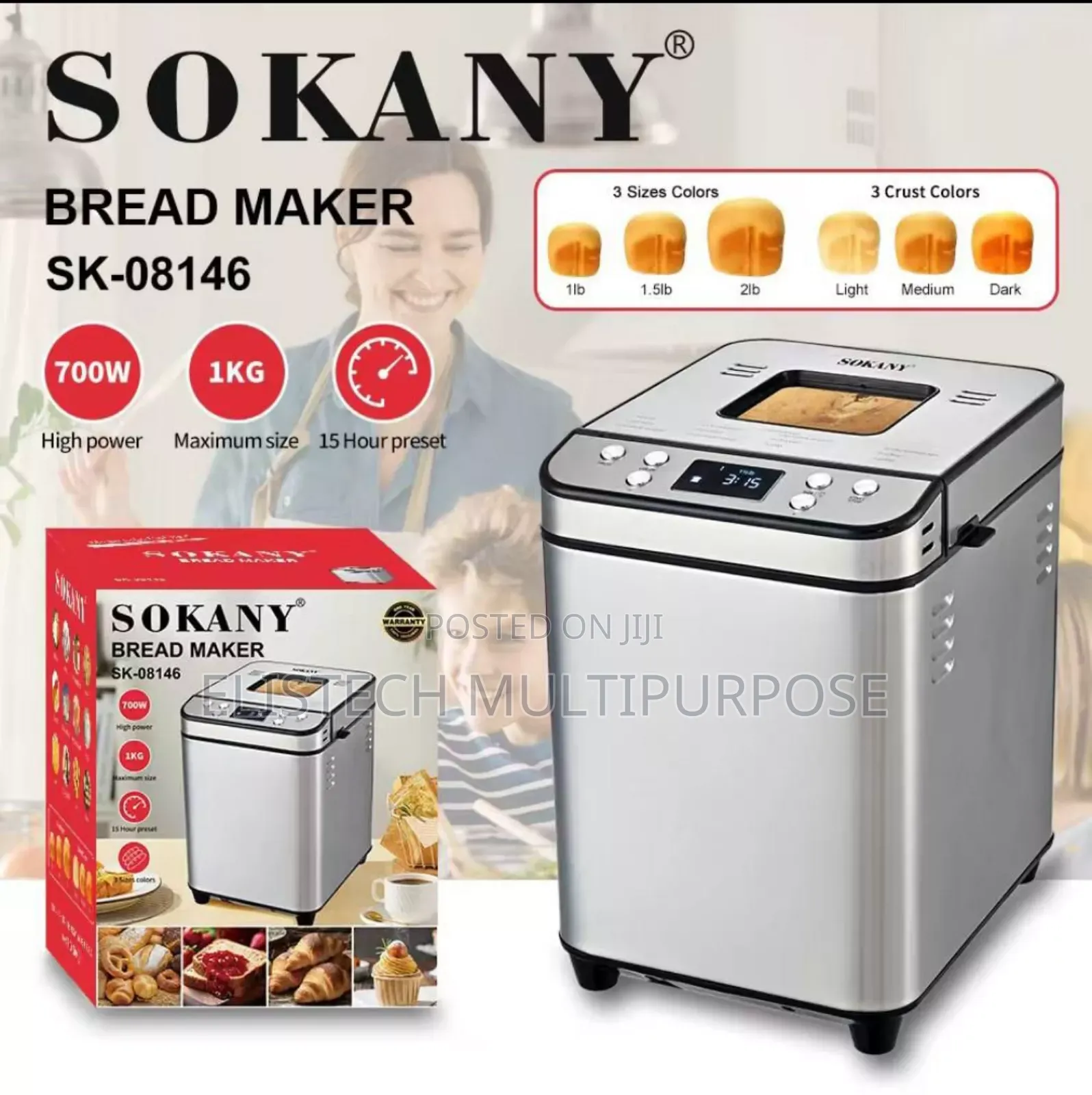 Sokany Sk-08146 Digital Bread Maker - 700w, 1kg Max, 3 Crust Colors