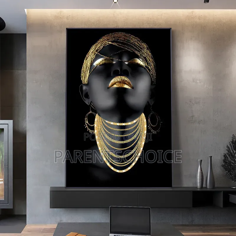 Black Beautiful African Women / Woman With Gold Butterflies 60 X 80