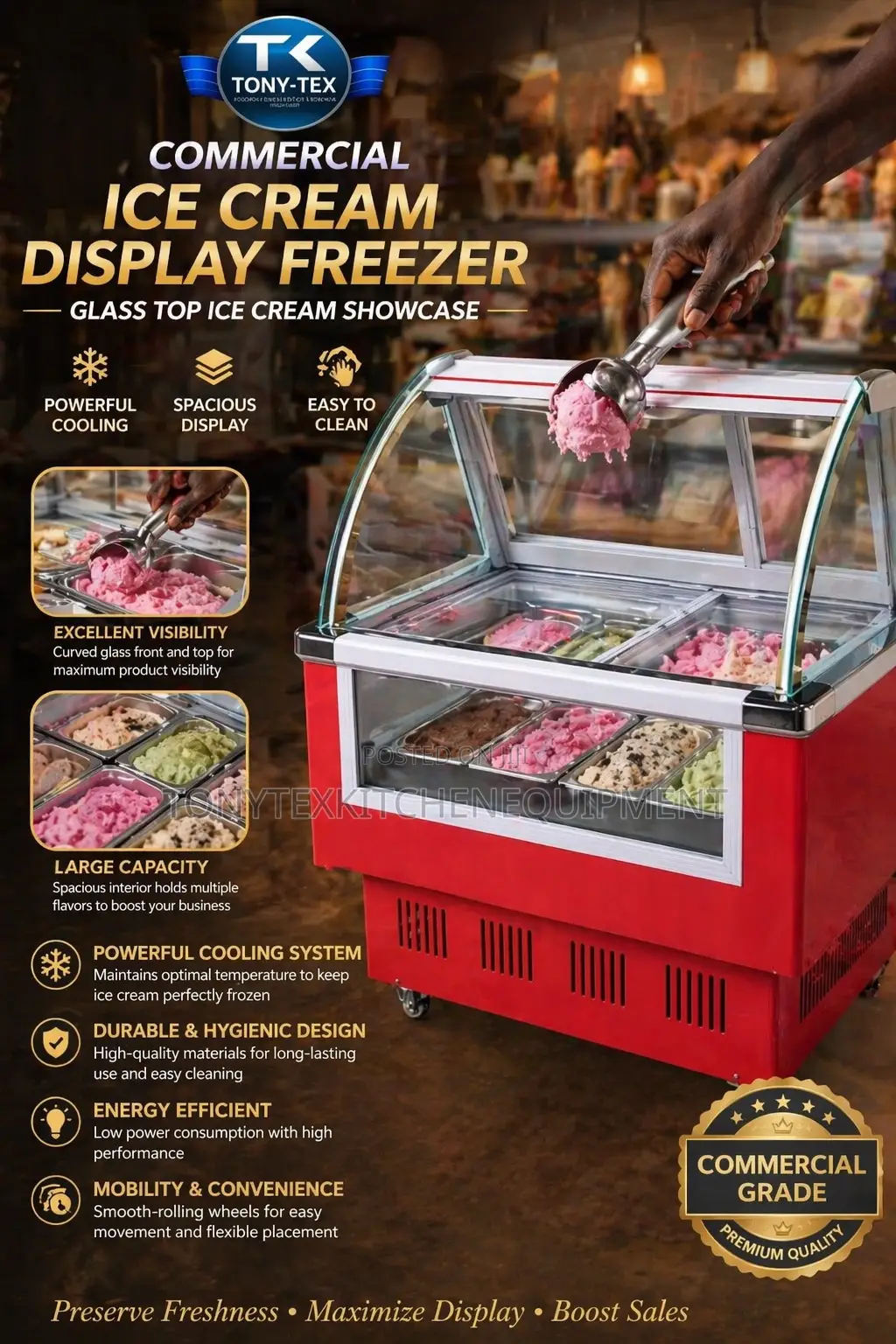 Commercial Ice Cream Display Freezer | Glass Top Ice Cream Showcase