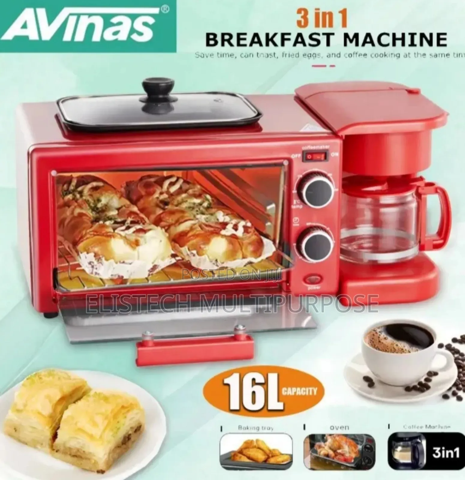 Avinas 16l 3-in-1 Breakfast Machine: Oven, Coffee Maker Frying Pan