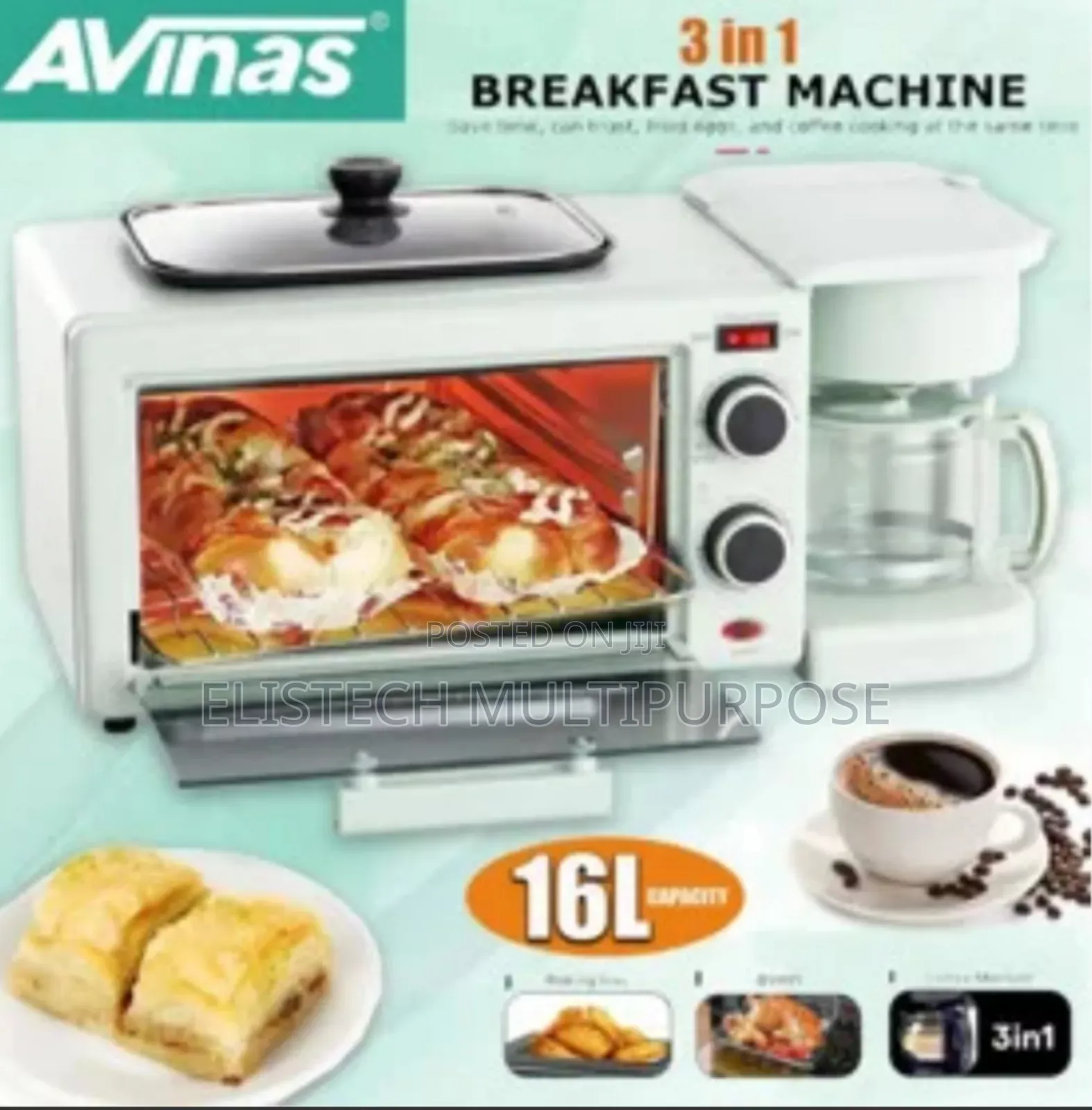 Avinas 16l 3-in-1 Breakfast Machine: Oven, Coffee Maker Frying Pan