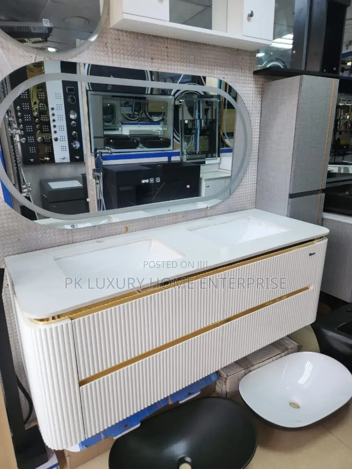 Luxury Double Bowl Bathroom Vanity With Led Mirror (White Gold)