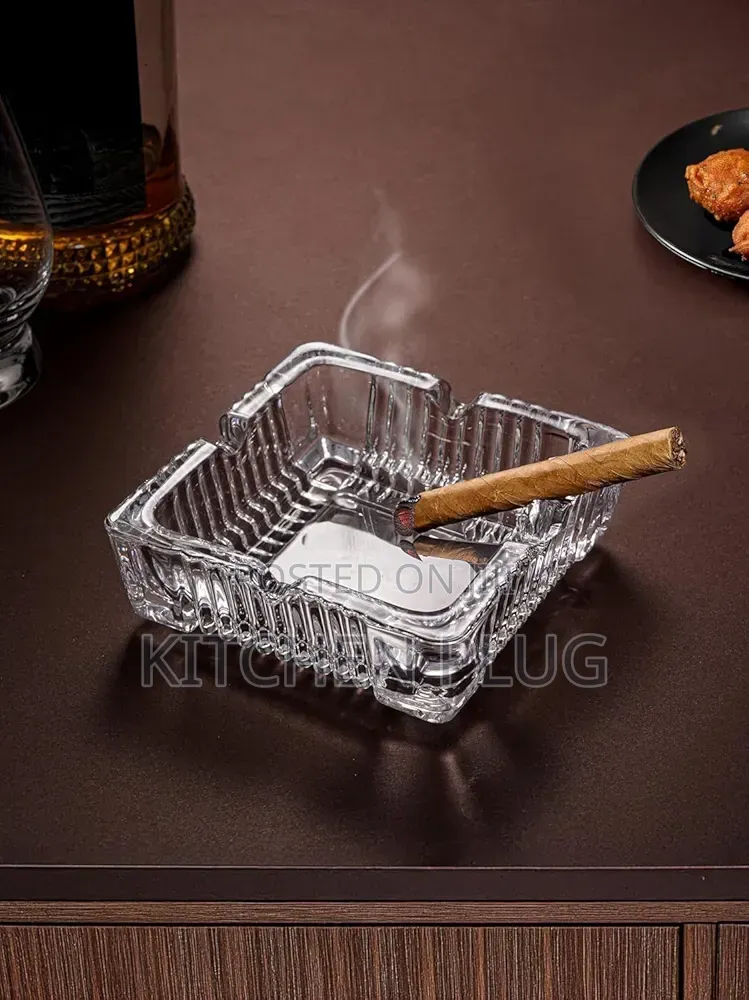 Square, Clear Glass Ashtray For Holding Cigarettes Or Cigars.