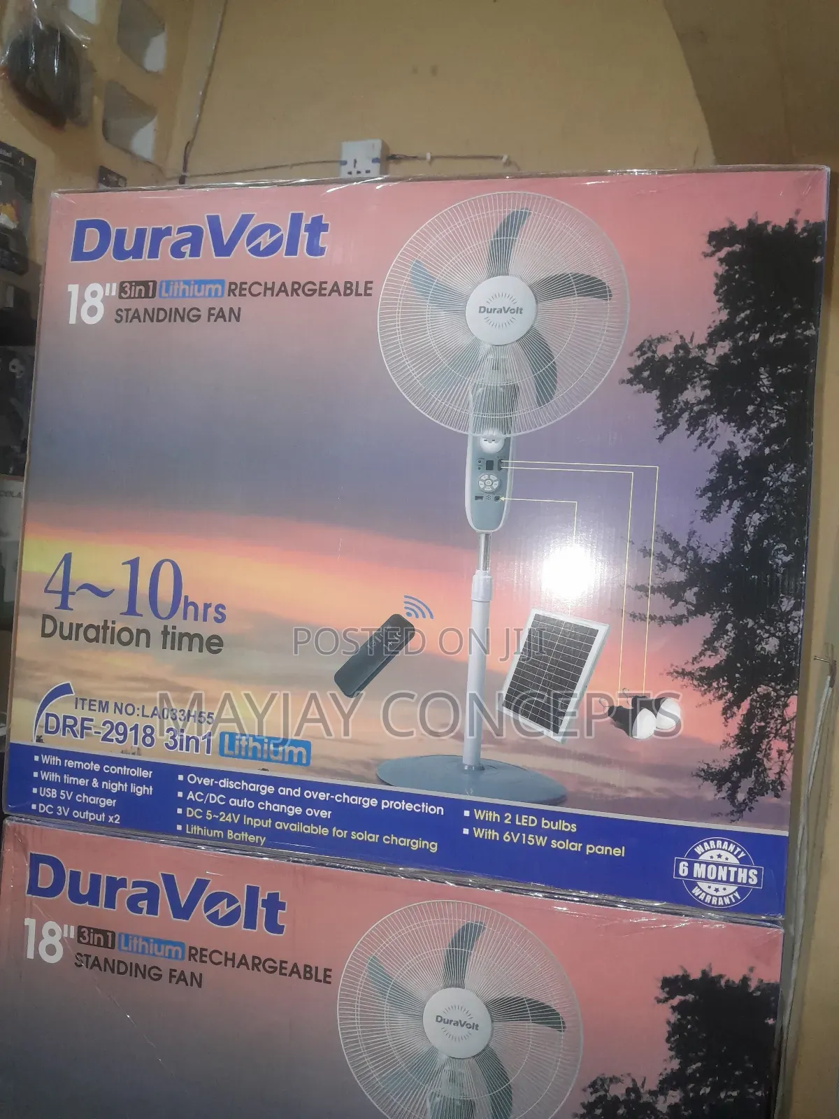18” Duravolt Solar Lithium Rechargeable Fan + Remote + Led Bulbs