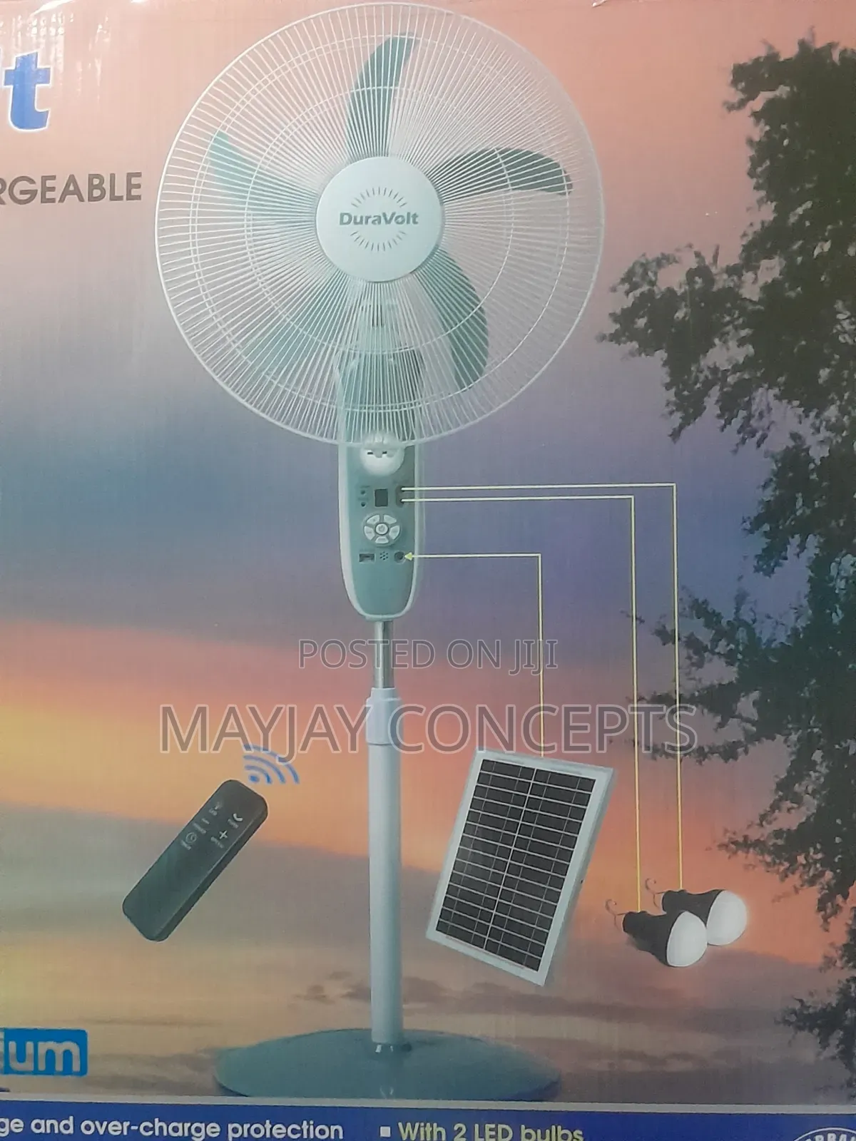 18” Duravolt Solar Lithium Rechargeable Fan + Remote + Led Bulbs