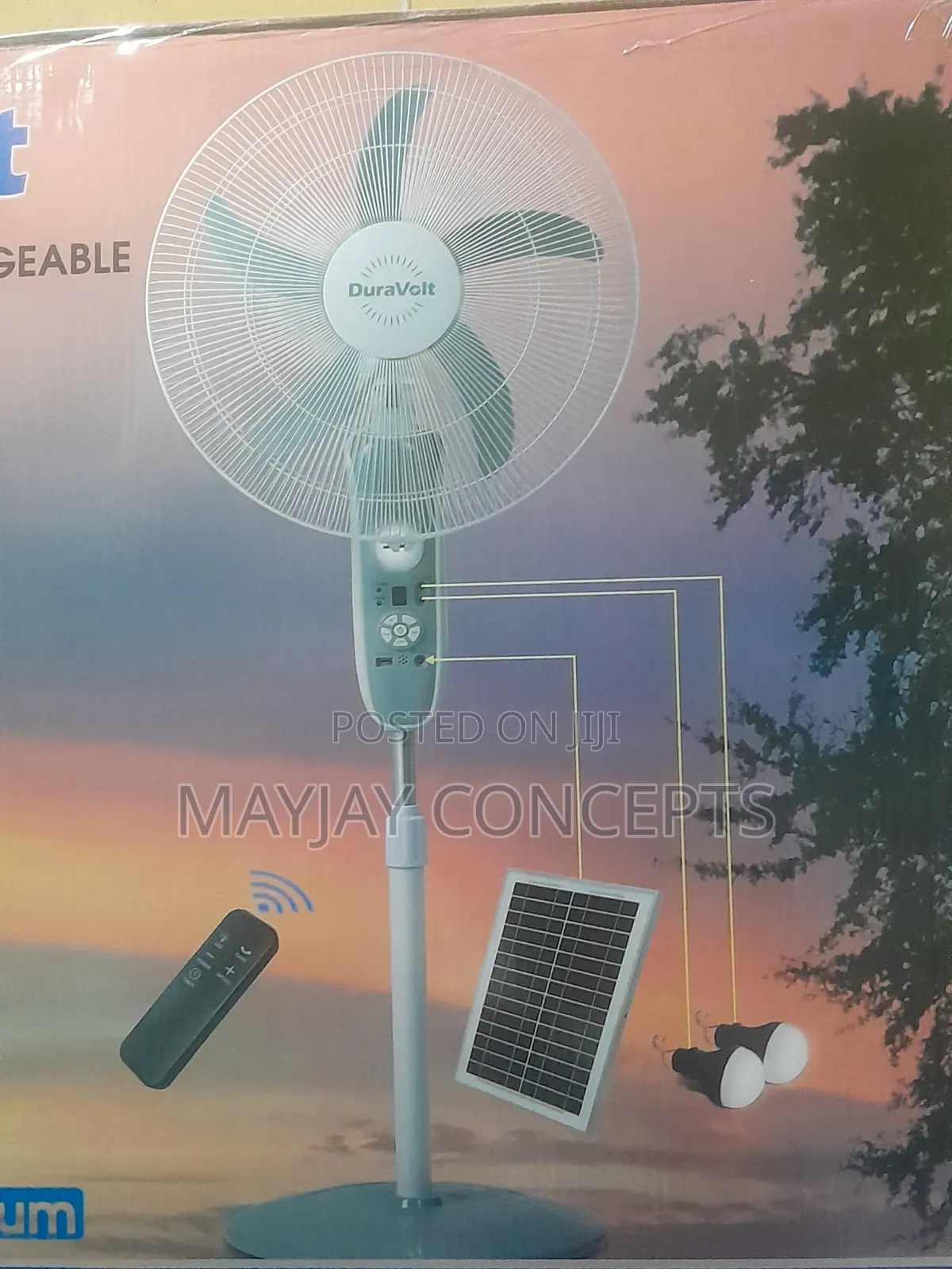 18” Duravolt Solar Lithium Rechargeable Fan + Remote + Led Bulbs