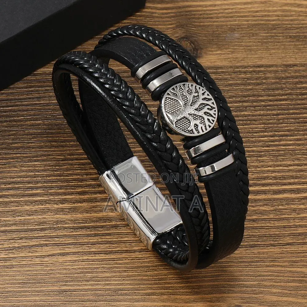 Classy Black Leather Magnetic Bracelet for Him