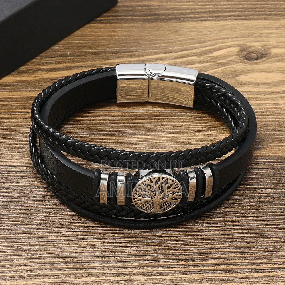 Classy Black Leather Magnetic Bracelet for Him