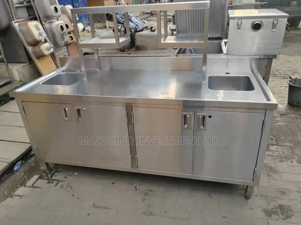 Stainless Steel Double-Sink Prep Table With Integrated Storage Cabinet