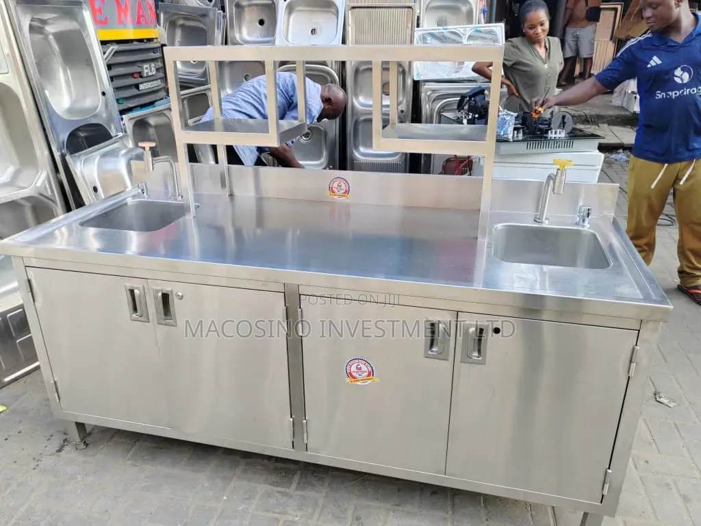 Stainless Steel Double-Sink Prep Table With Integrated Storage Cabinet