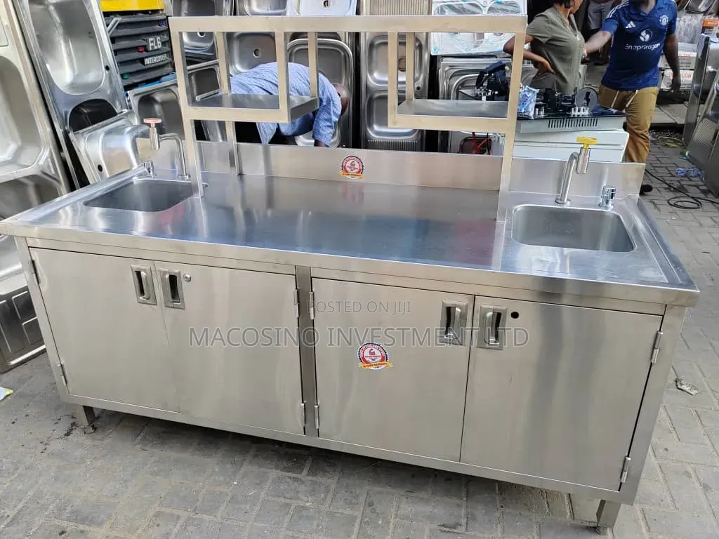 Stainless Steel Double-Sink Prep Table With Integrated Storage Cabinet