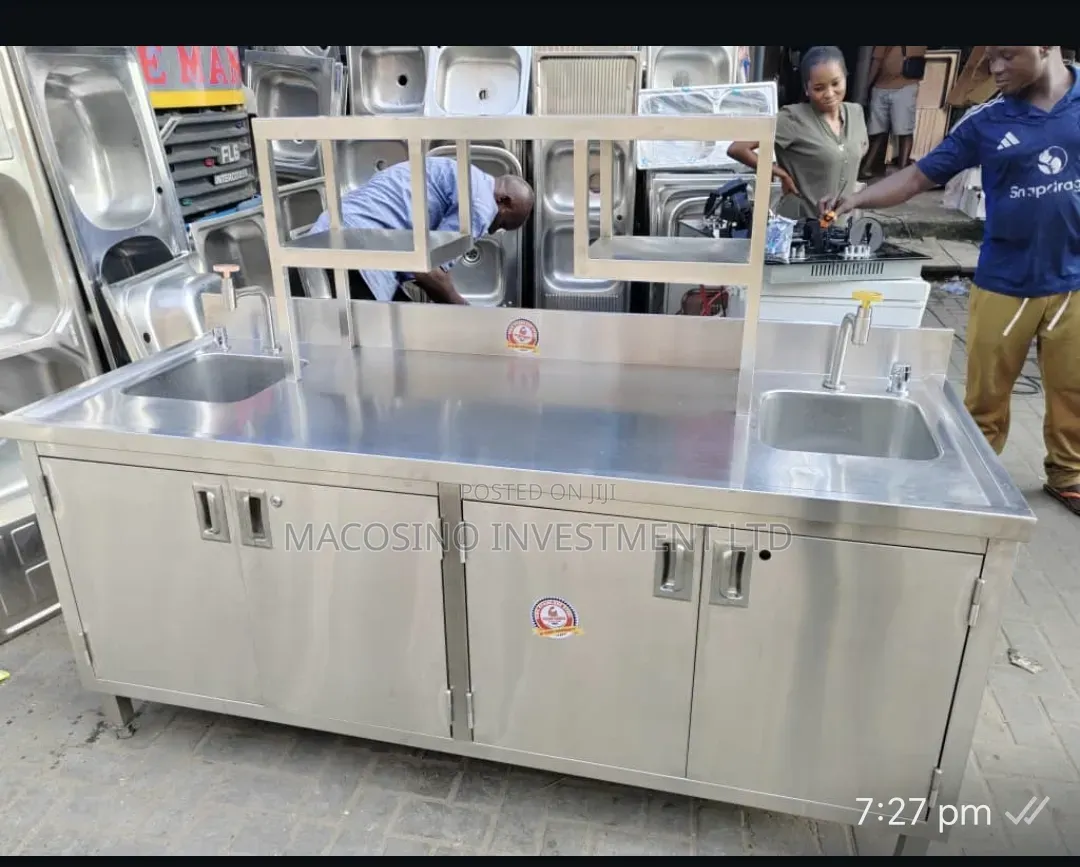 Stainless Steel Double-Sink Prep Table With Integrated Storage Cabinet