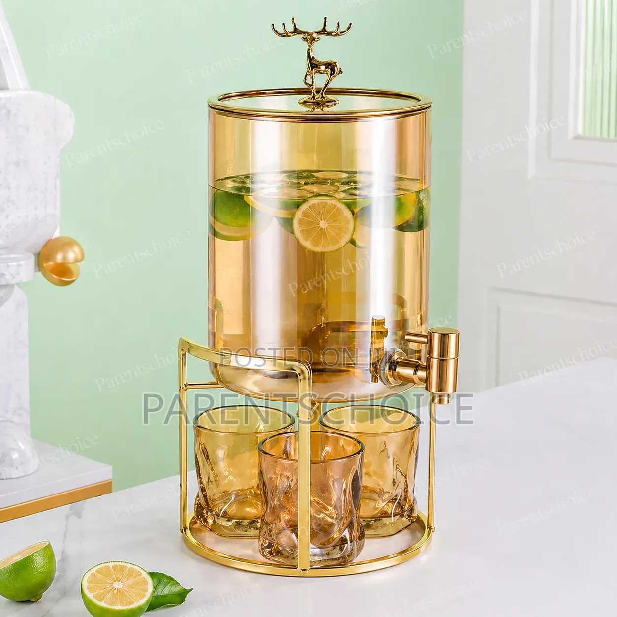Glass Drink Gold Dispenser With 4 Cups and Stand- 3.6l