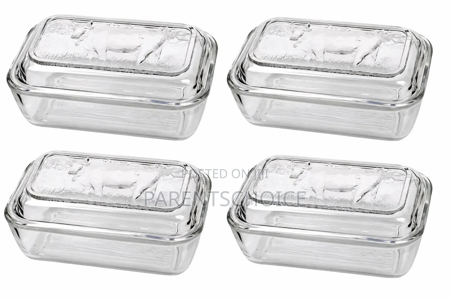 Cow Embossed Clear Thick Glass Butter Dish With Lid 4 Set
