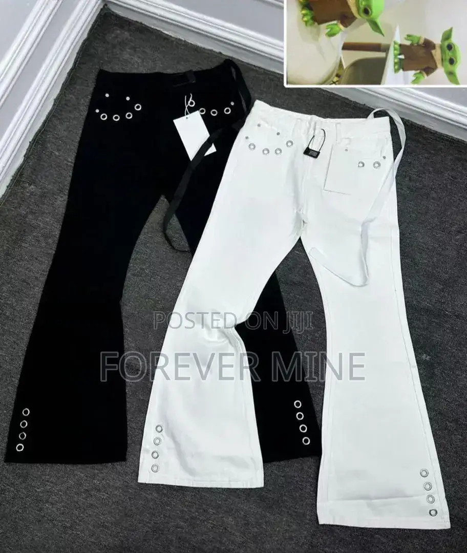 Unisex Flared Denim Pants – Eyelet Detail Black White