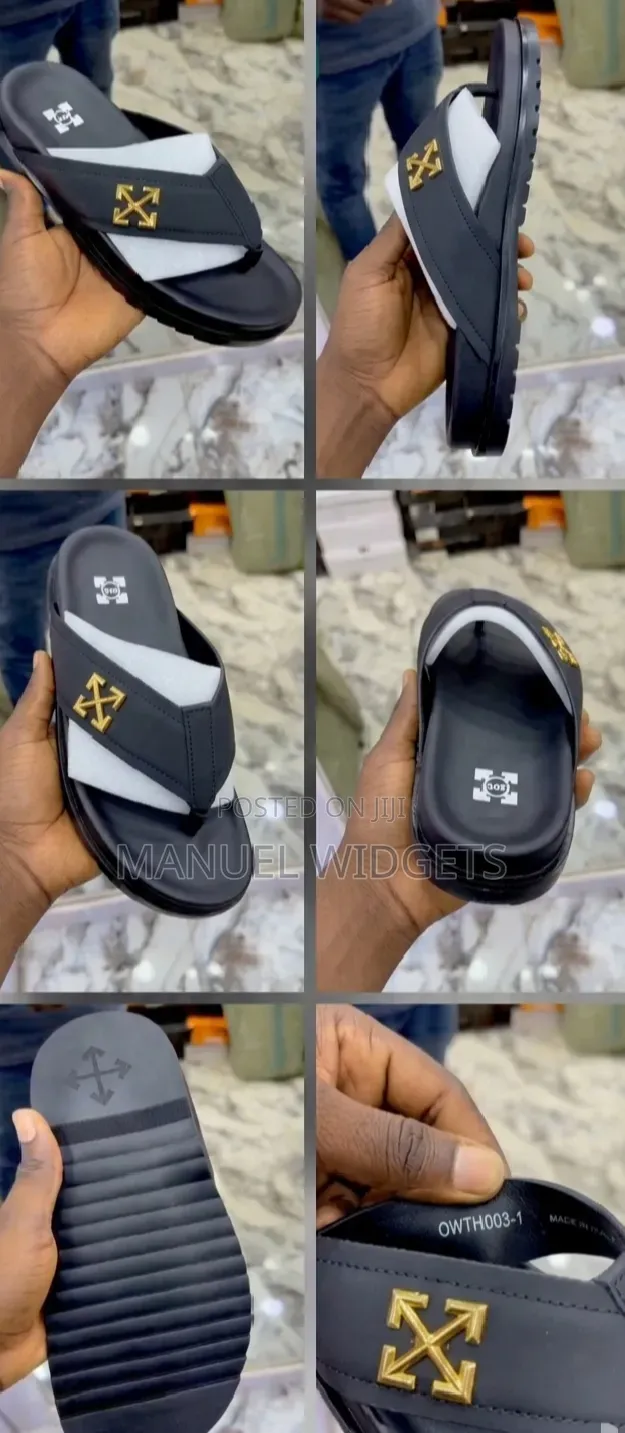 Off White Leather Men's Slides – Premium Luxury (Fully Boxed)