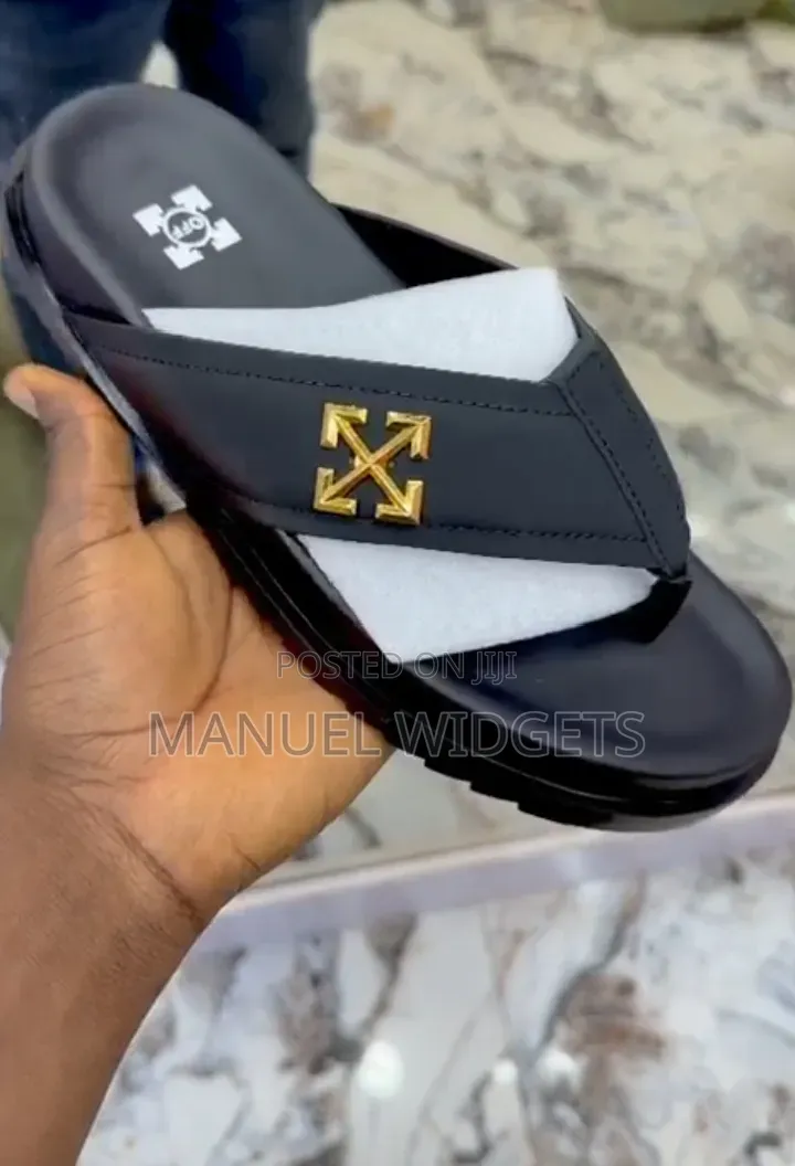 Off White Leather Men's Slides – Premium Luxury (Fully Boxed)