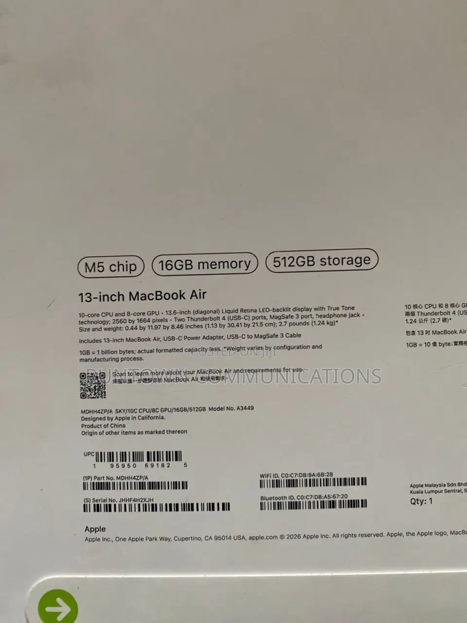 New Laptop Apple MacBook Air 2026 M5 13-inch 16GB Apple M5 SSD 512GB