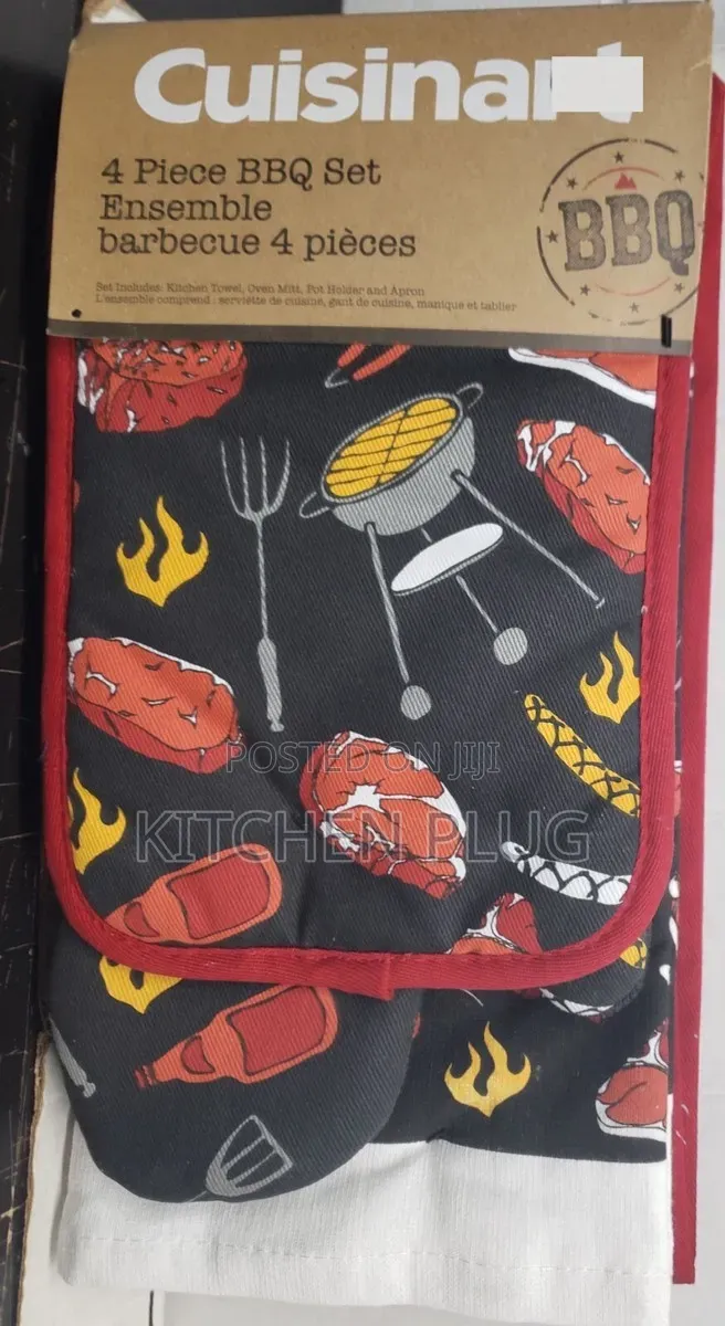 4 Piece Bbq Set, Include Apron, Oven Mitt, Pot Holder Kitchen Towel..