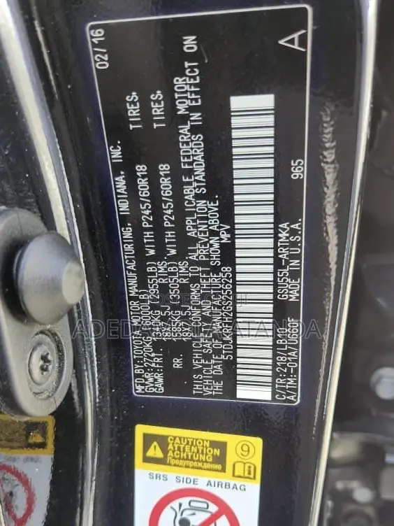 Toyota Highlander XLE V6 4x4 (3.5L 6cyl 6A) 2016 Black