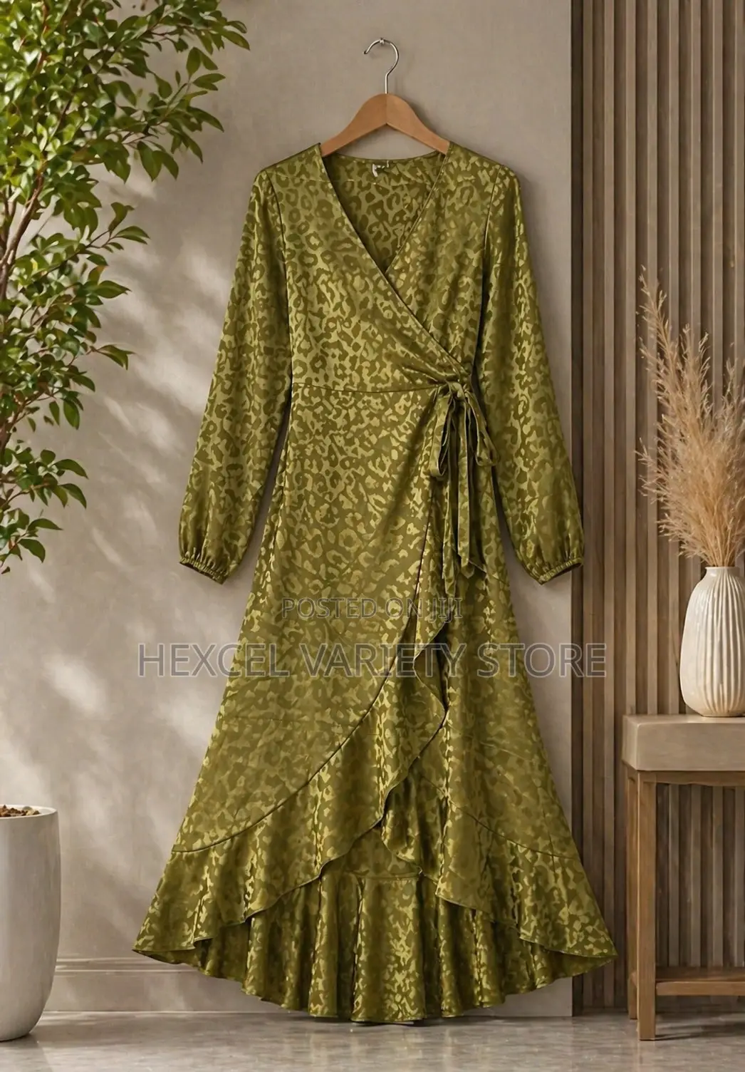 Elegant Olive Green Wrap Dress – Long Sleeve Ruffle Hem