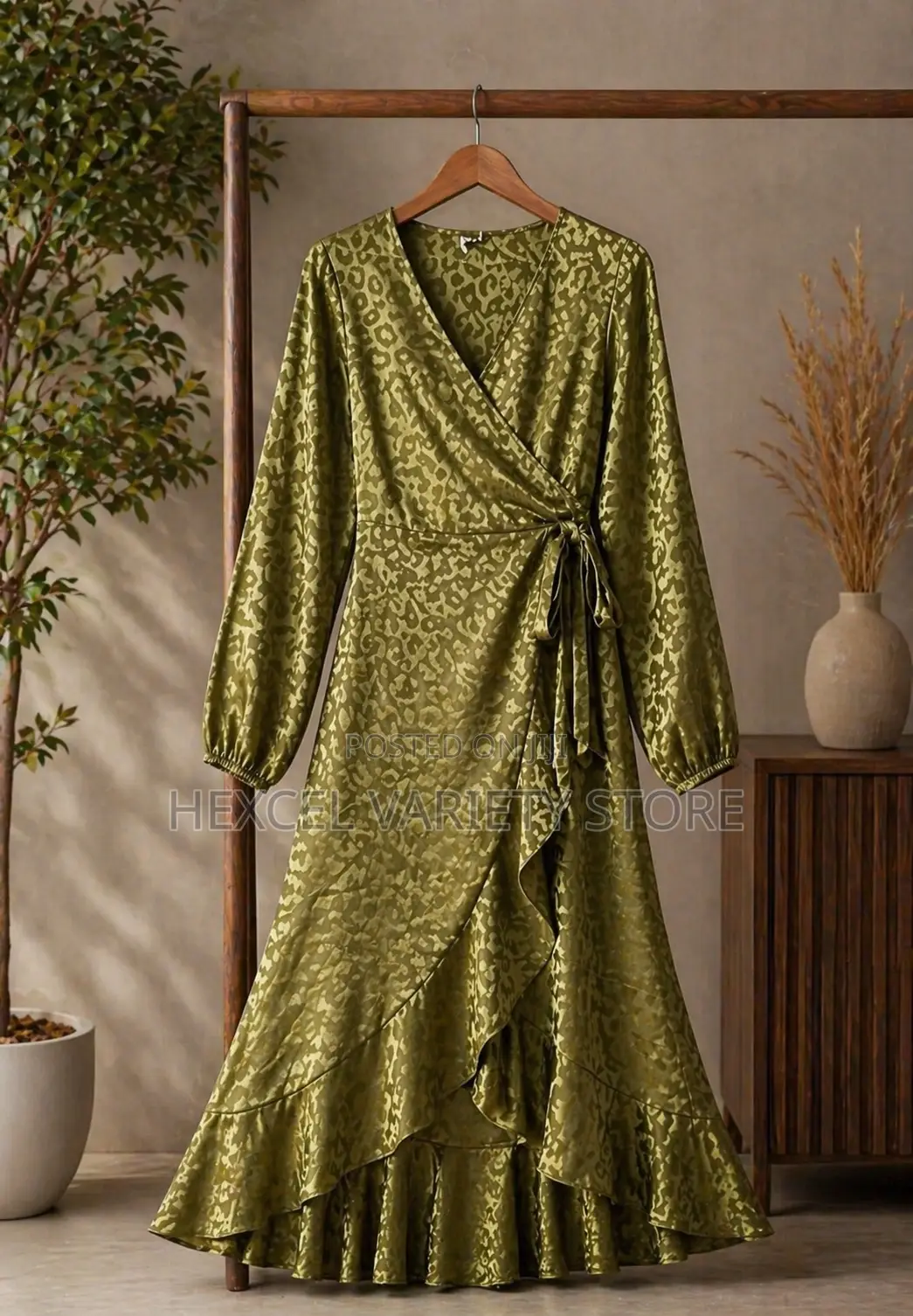 Elegant Olive Green Wrap Dress – Long Sleeve Ruffle Hem