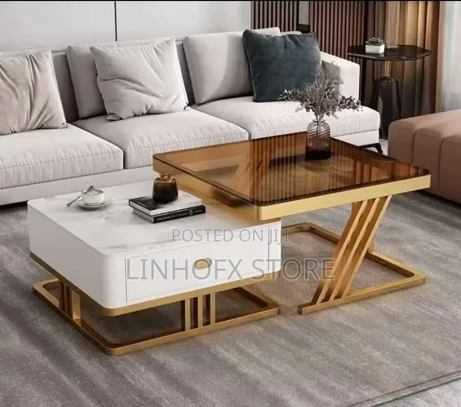 Real Marble and Glass Twin Center Table With Drawer