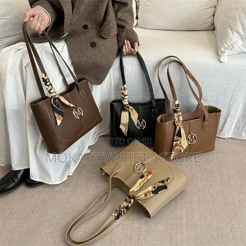 Jade Quality Leather M Logo Tote Bag With Scarf