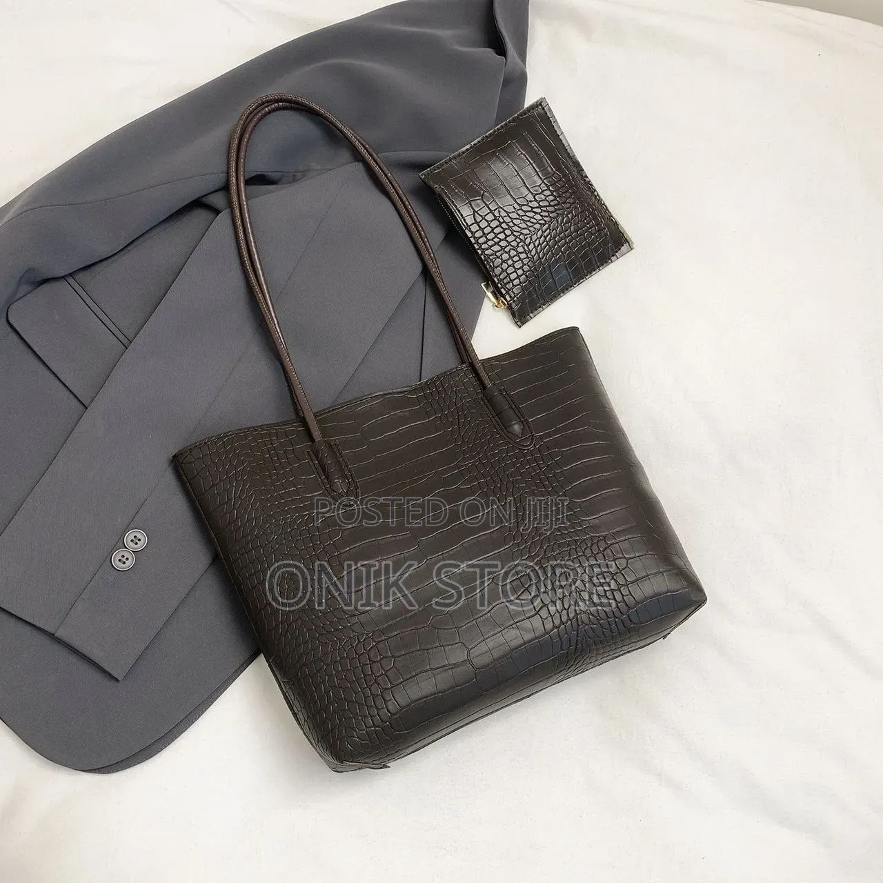 2-in-1 Ladies' Crocodile Skin Pattern Handbag Pouch Set