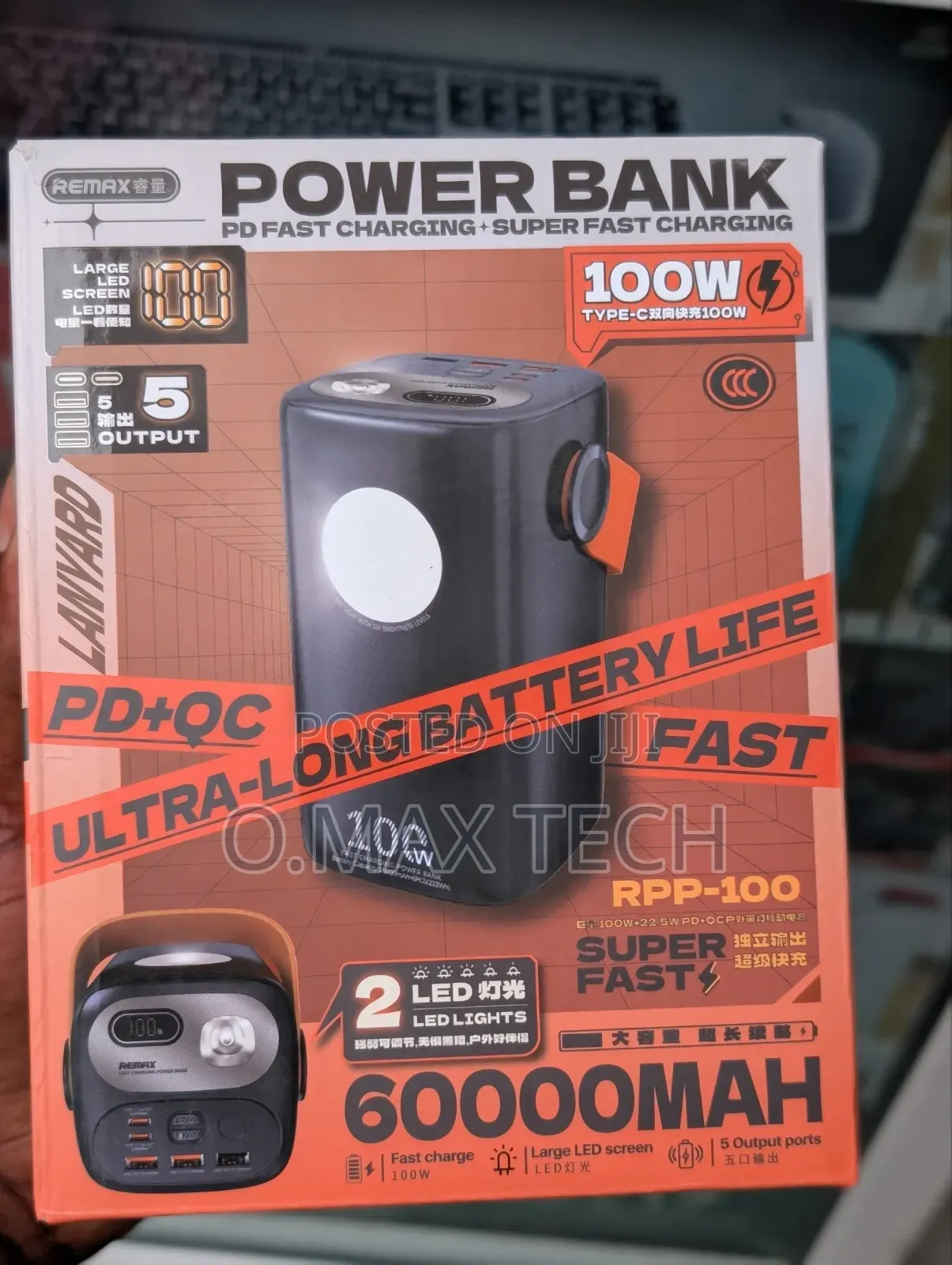 Remax RPP-100 60000mah 100w With Free Type-C to Hp Blue Mouth Cable
