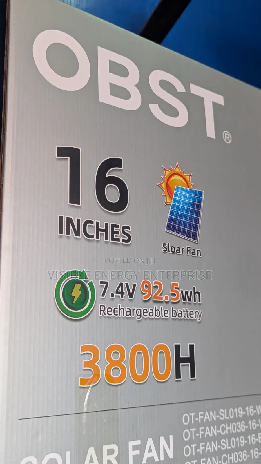 Obst 16-Inch Solar-Powered Standing Rechargeable Fan
