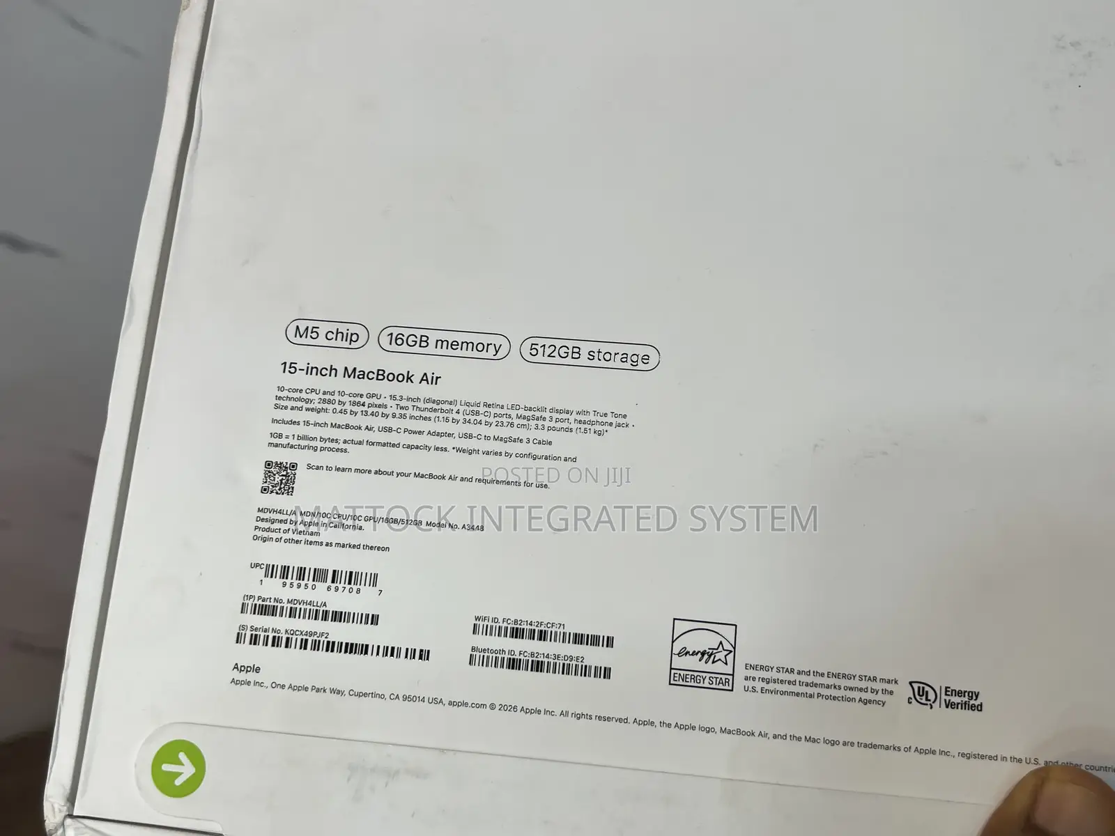 New Laptop Apple MacBook Air 2026 M5 16GB Apple M5 SSD 512GB