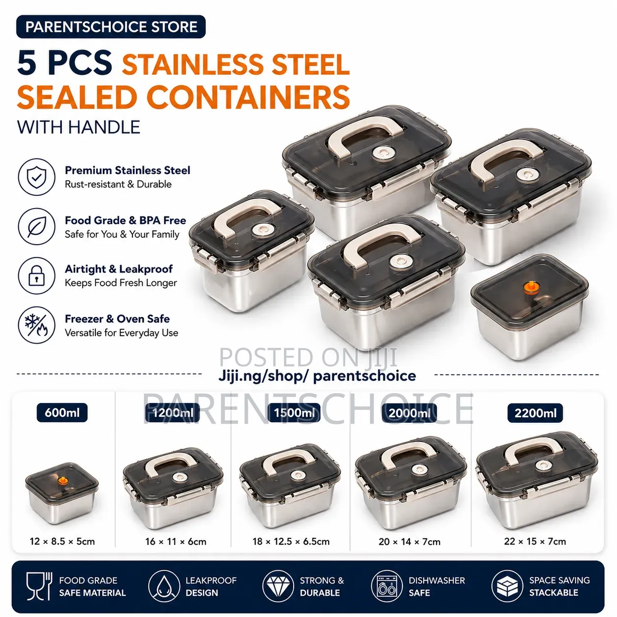 Stainless Steel Sealed Food Containers With Handle (5 PCS Set)