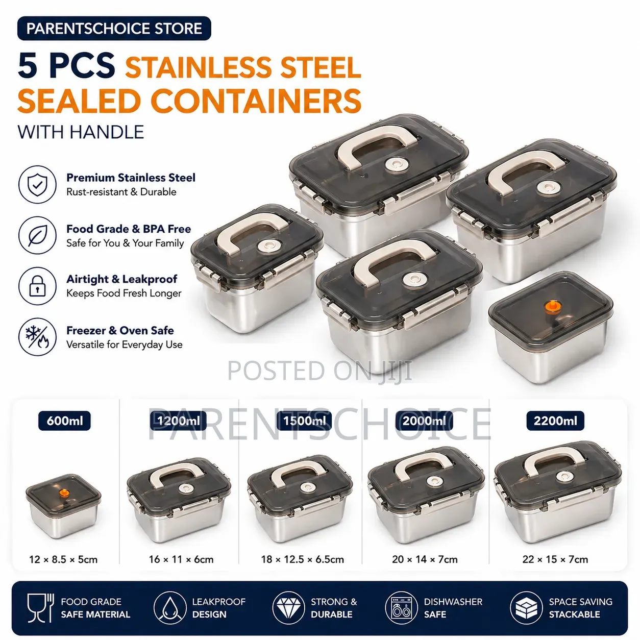 Stainless Steel Sealed Food Containers With Handle (5 PCS Set)
