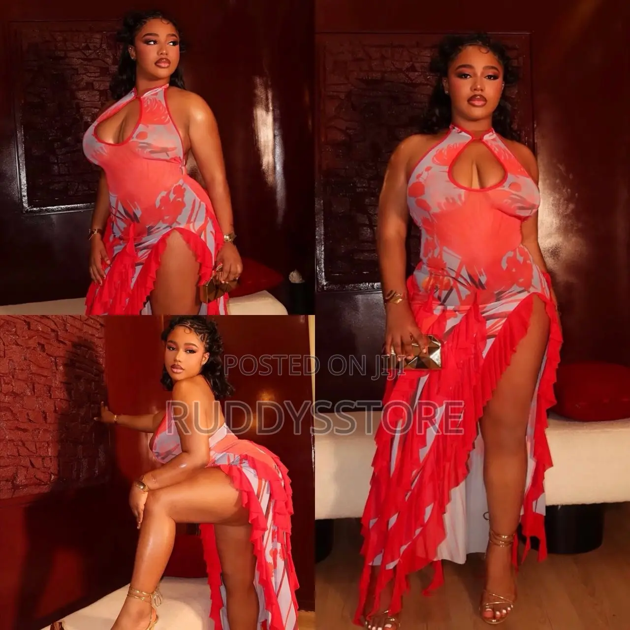 Ruffle High Slit Mesh Dress