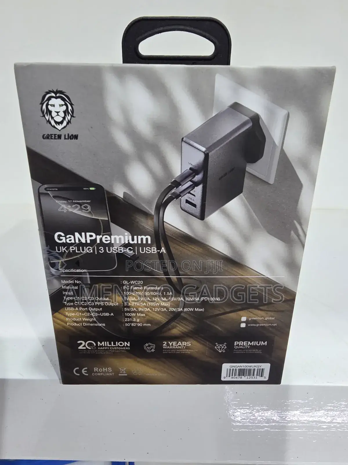 Green Lion Ganpremium Uk Plug | 3 Usb-C | Usb-a 100w Pd 60w Max