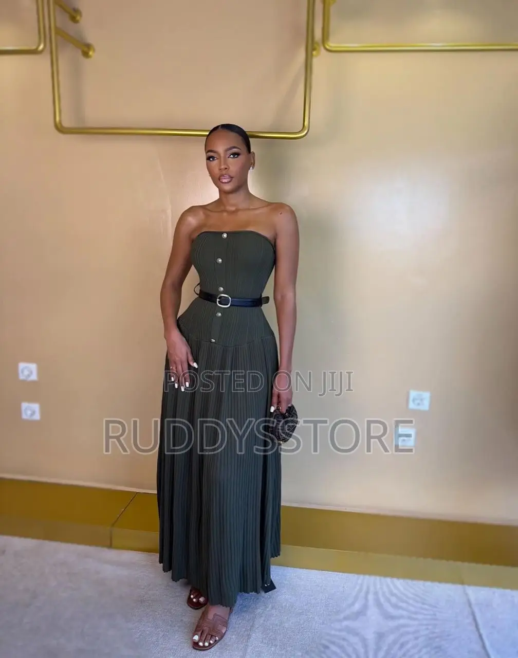 Strapless Pleated Midi Dress