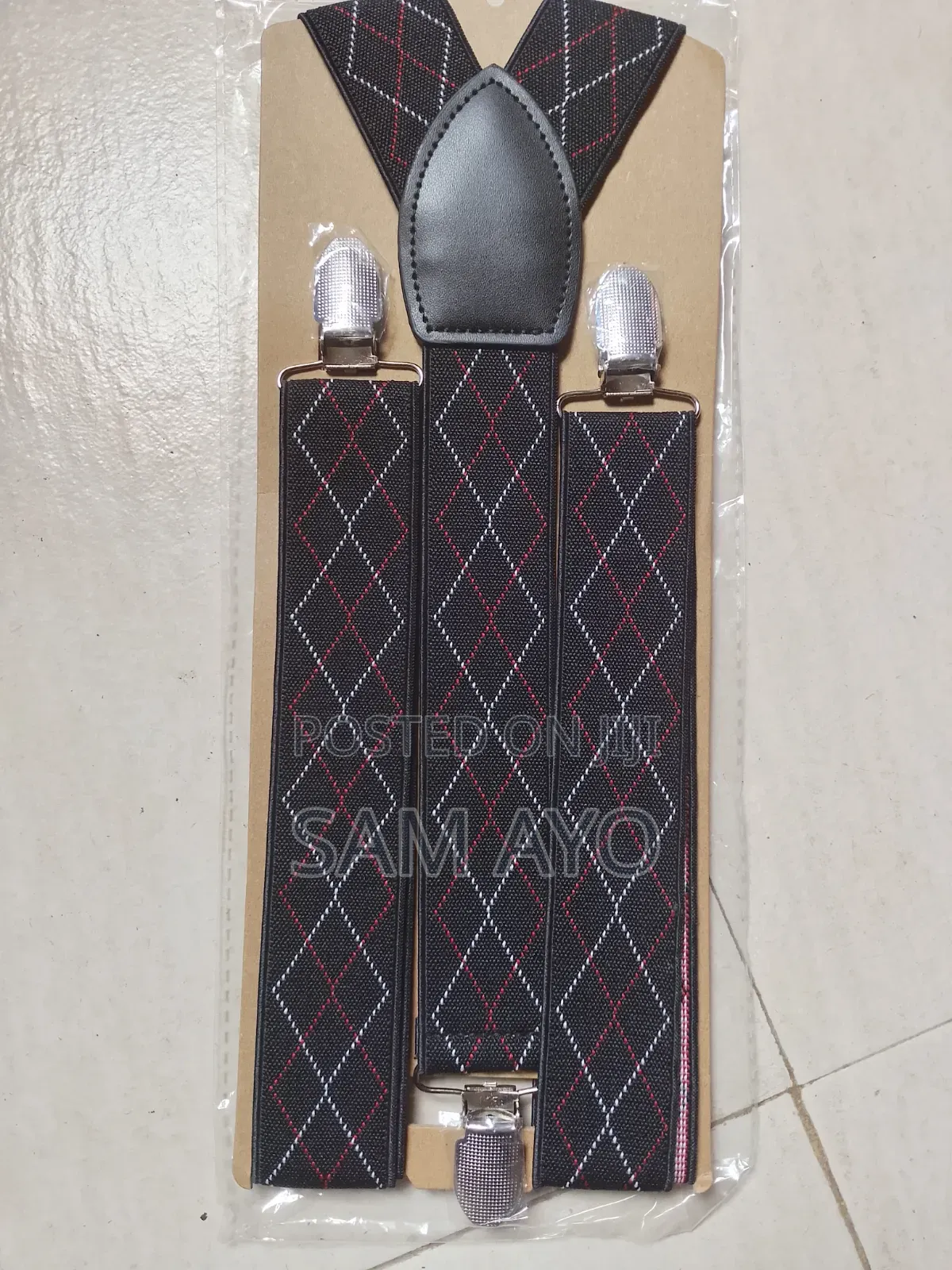 Men Suspender Belt - White and Red Line on Black